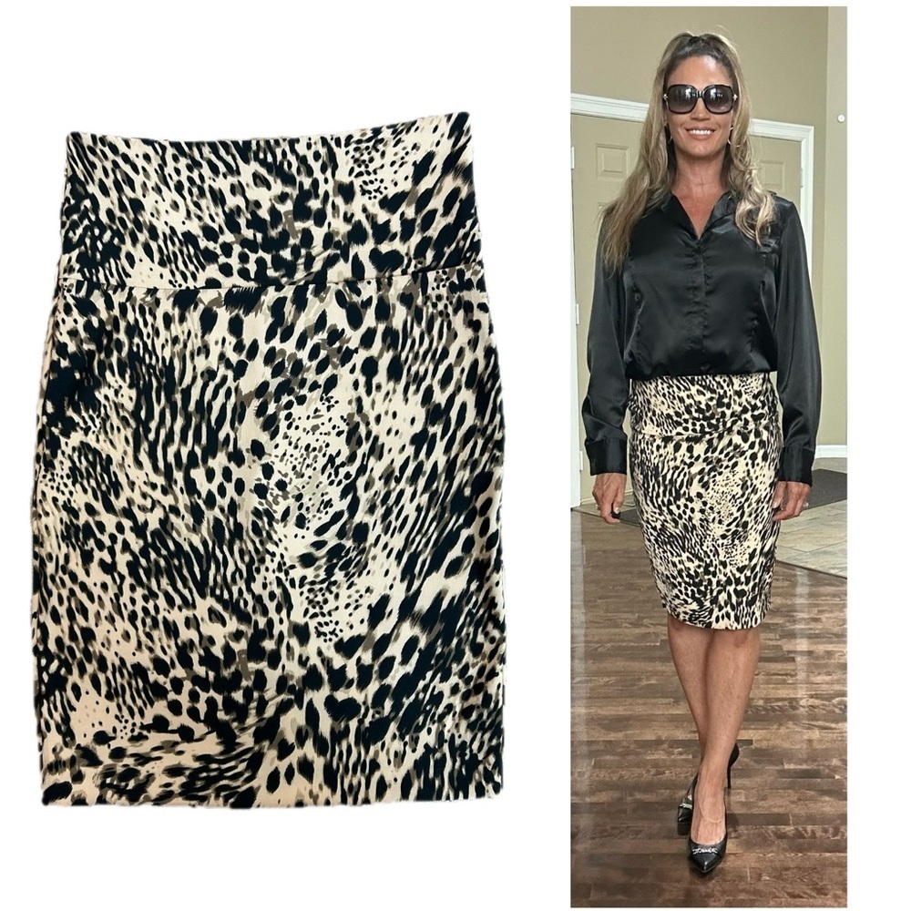 Analogy leopard cheetah animal print cream pencil skirt Sz M classy sexy career